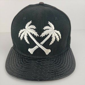 BLVD hat Cap Black Faux Leather Bill Palm Trees Bones